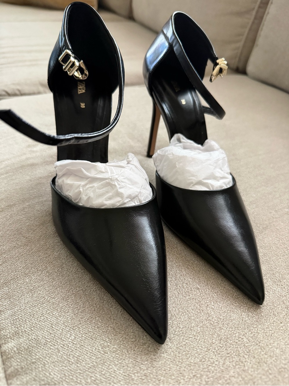Zara Black Pointed-Toe Ankle-Strap Stiletto Heels